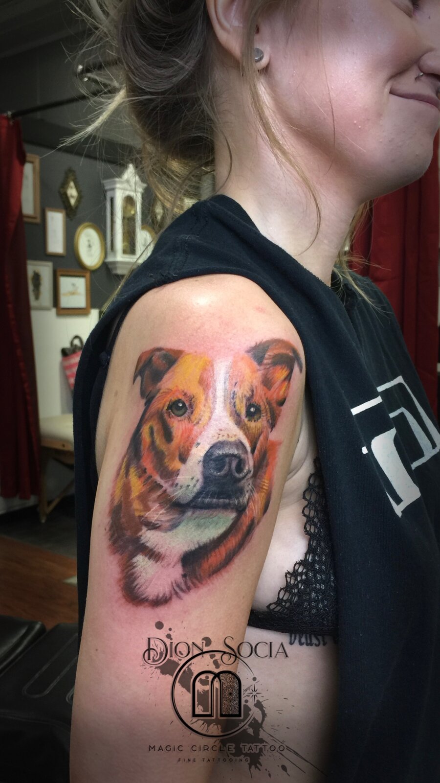 Color Realism Dog Portrait - Color Realism Tattoo by Dion Socia - Magic Circle Tattoo Bay City Michigan